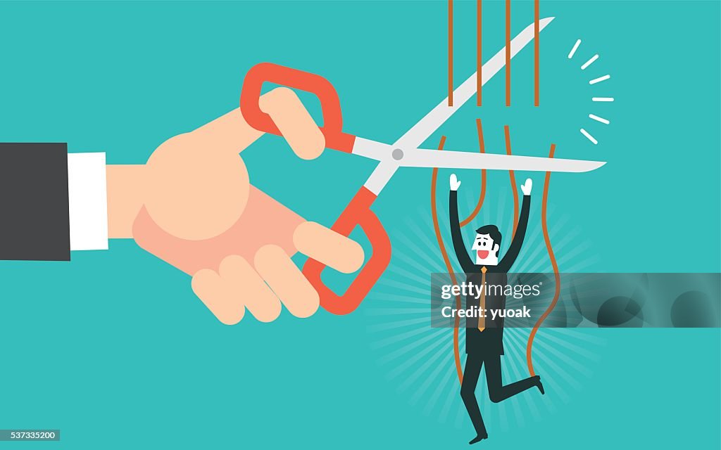 Cutting the strings of a business man puppet