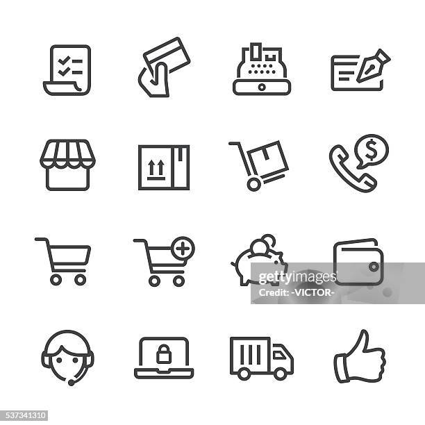 stockillustraties, clipart, cartoons en iconen met shopping and e-commerce icons - line series - kassa