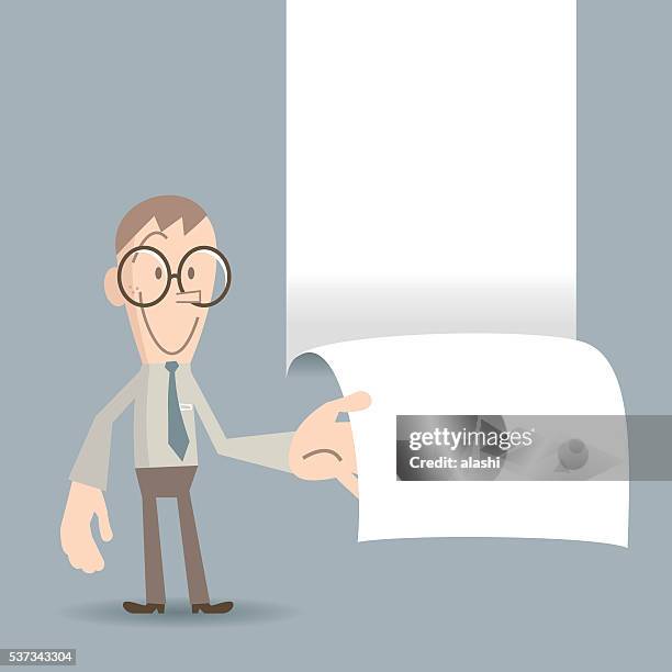 smiling businessman ripping the paper and showing some message - salesman flat design stock illustrations