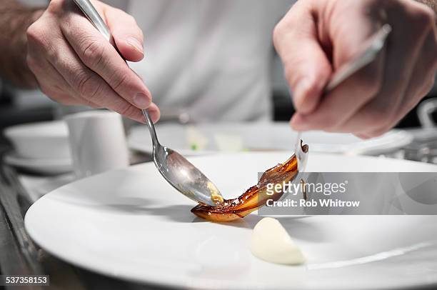 plating up food during service - food plating fotografías e imágenes de stock