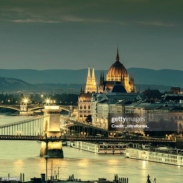 budapest cityscape with chain bridge and parliament - budapest stock pictures, royalty-free photos & images
