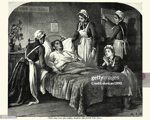 victorian nurses caring for a dying man - patient history stock illustrations
