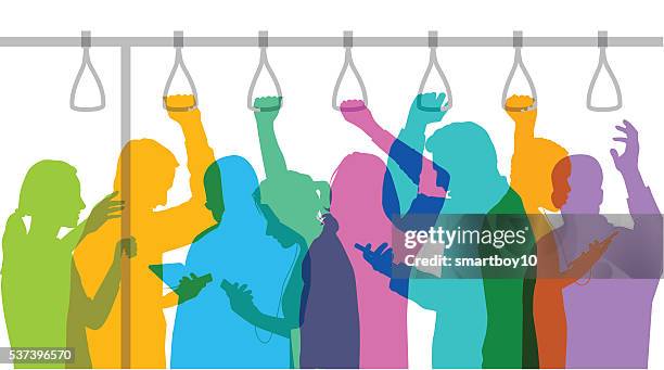 commuters on bus or train, strap hanger version - commuting london stock illustrations