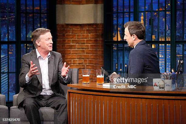 Episode 374 -- Pictured: Governor John Hickenlooper during an interview with host Seth Meyers on May 23, 2016 --
