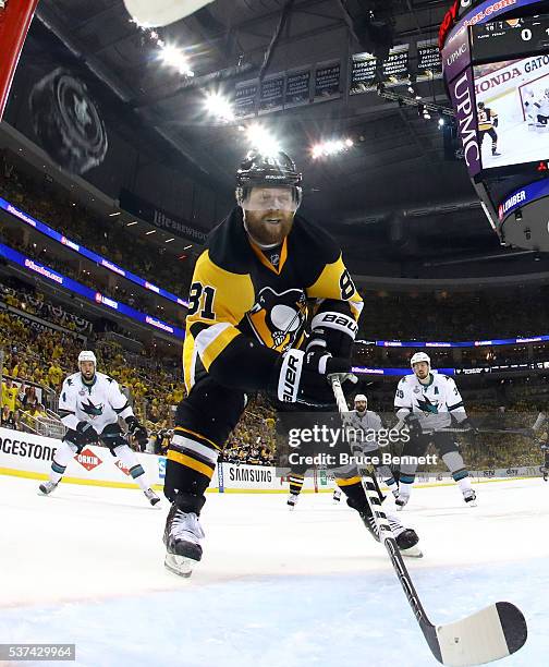 Phil Kessel of the Pittsburgh Penguins scores a second period goal against Martin Jones of the San Jose Sharks in Game Two of the 2016 NHL Stanley...