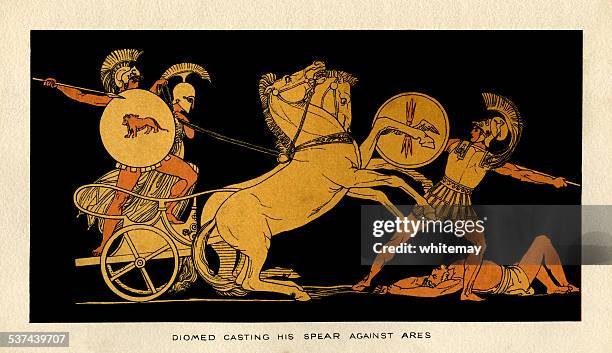 diomed casting his spear against ares - greek people stock illustrations