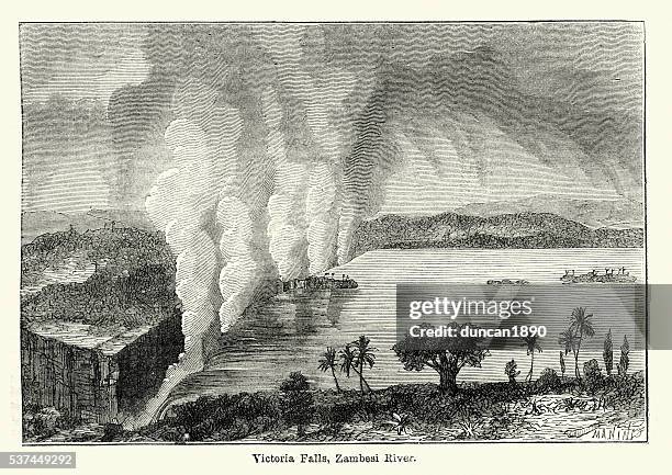victoria falls, zambesi river, 19th century - victoria falls zambia stock illustrations