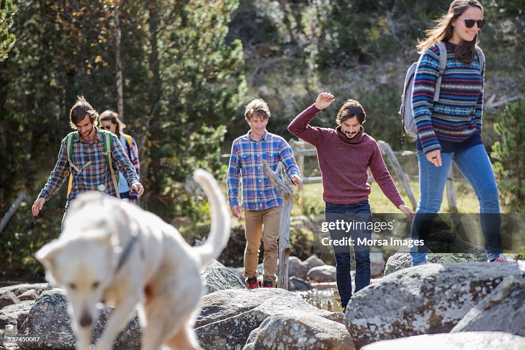 Friends with dog walking on rocks