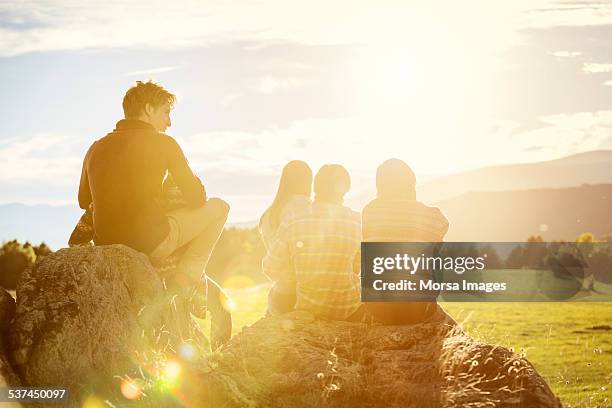 friends relaxing on rock at field - outdoor guy sitting on a rock stock pictures, royalty-free photos & images