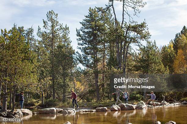 friends crossing river in forest - by the river stock pictures, royalty-free photos & images