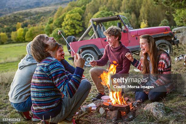 friends eating roasted marshmallows at campsite - camping campfire stock pictures, royalty-free photos & images