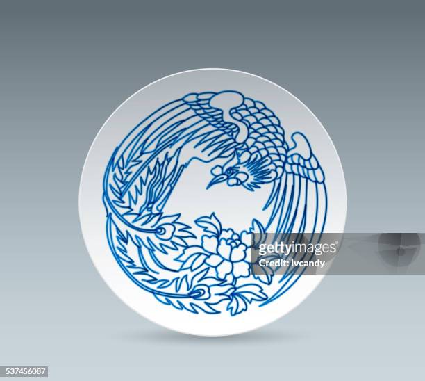stockillustraties, clipart, cartoons en iconen met blue and white china plate (phoenix) - phoenix bird