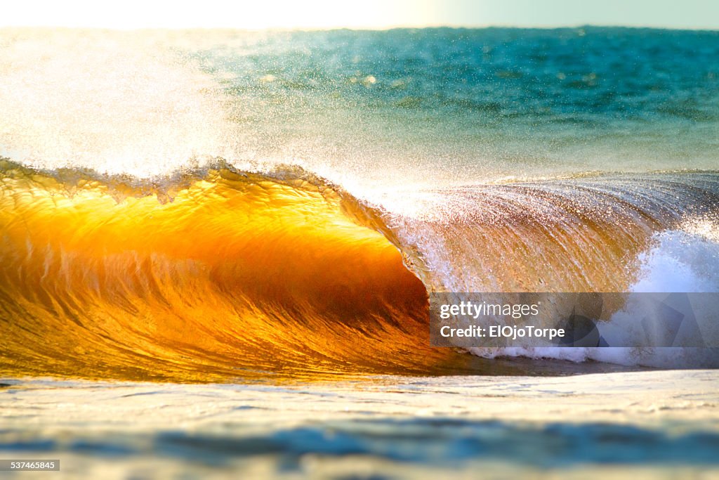 Ocean wave breaking at sunset