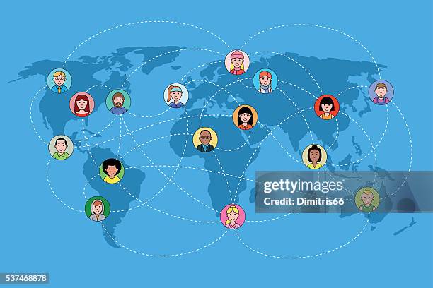 stockillustraties, clipart, cartoons en iconen met human faces on a world map network. social media concept. - global media