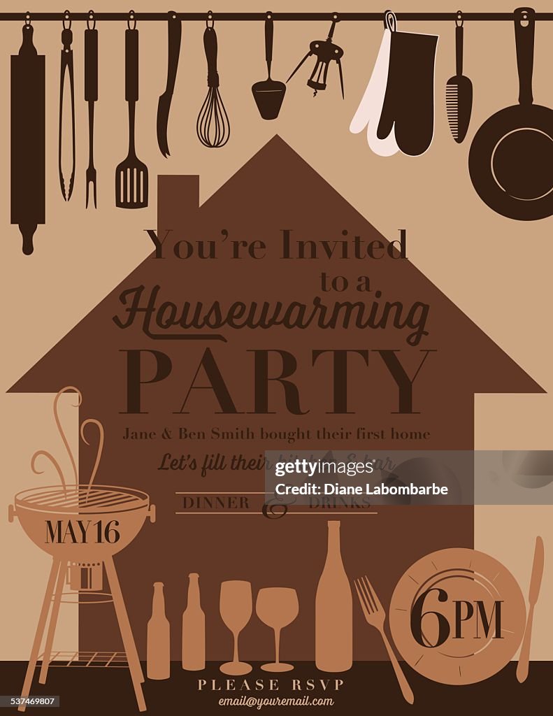 Brown Housewarming Party Invitation With Kitchen Theme High-Res Vector ...