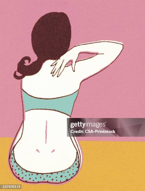 illustrazioni stock, clip art, cartoni animati e icone di tendenza di retro della donna che indossa un bikini - slip