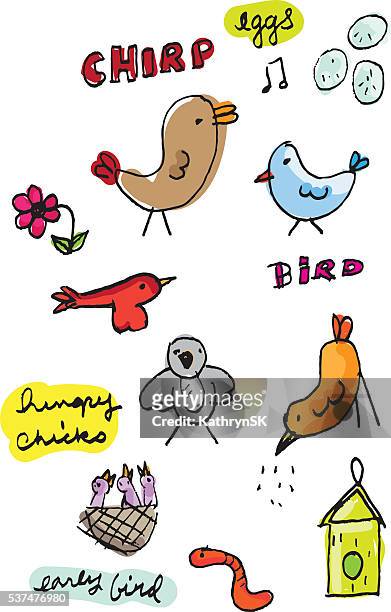 ilustrações de stock, clip art, desenhos animados e ícones de pássaro de cores esboços com texto - kathrynsk