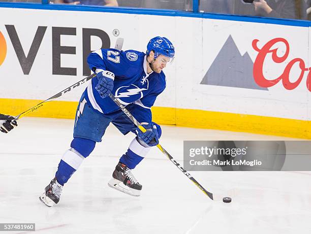 Jonathan Drouin of the Tampa Bay Lightning skates against the Pittsburgh Penguins during the third period of Game Four of the Eastern Conference...