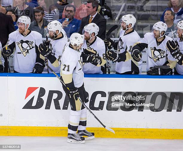 Evgeni Malkin of the Pittsburgh Penguins celebrates a goal against the Tampa Bay Lightning during Game Four of the Eastern Conference Finals in the...