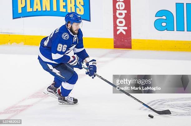 Nikita Kucherov of the Tampa Bay Lightning skates against the Pittsburgh Penguins during the third period of Game Four of the Eastern Conference...