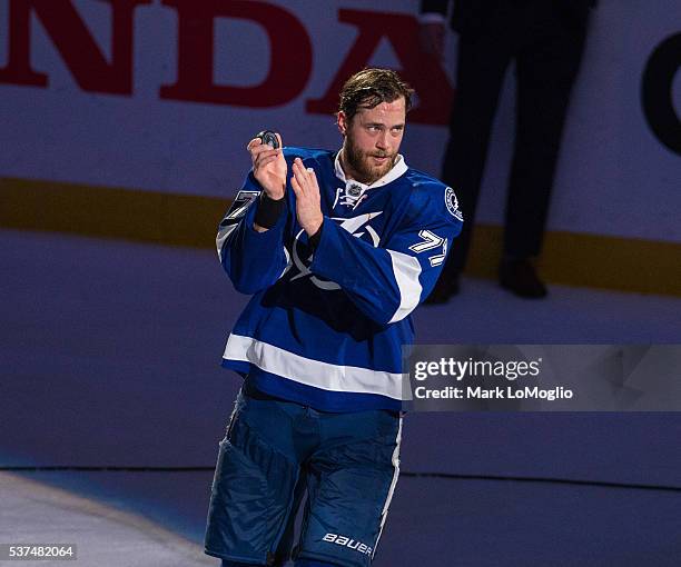 Victor Hedman of the Tampa Bay Lightning celebrates the win against the Pittsburgh Penguins after Game Four of the Eastern Conference Finals in the...