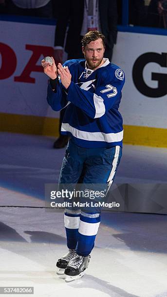 Victor Hedman of the Tampa Bay Lightning celebrates the win against the Pittsburgh Penguins after Game Four of the Eastern Conference Finals in the...