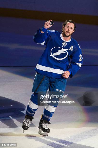 Ryan Callahan of the Tampa Bay Lightning celebrates the win against the Pittsburgh Penguins after Game Four of the Eastern Conference Finals in the...