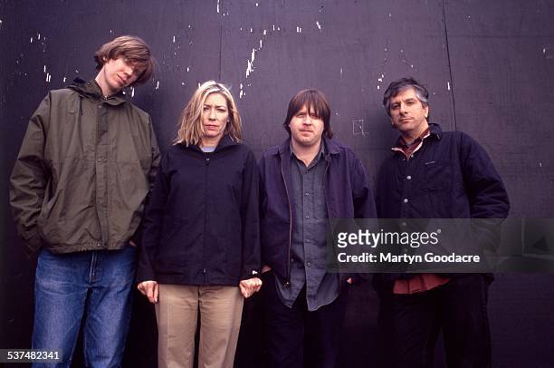 Sonic Youth, group portrait, London, United Kingdom, 1989. L-R Thurston Moore, Kim Gordon, Steve Shelley, Lee Ranaldo.