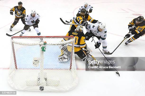 Matt Murray of the Pittsburgh Penguins tends goal against Nick Spaling of the San Jose Sharks during the first period in Game Two of the 2016 NHL...