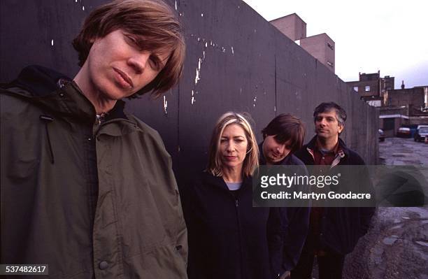 Sonic Youth, group portrait, London, United Kingdom, 1989. L-R Thurston Moore, Kim Gordon, Steve Shelley, Lee Ranaldo.