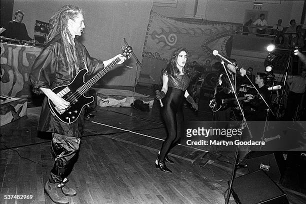 Will Sinnott and Plavka Lonich of The Shamen perform on stage in Aberdeen, Scotland, United Kingdom, 1990.