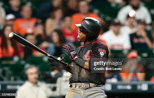 Jean Segura of the Arizona Diamondbacks is hit by a pitch in the ninth inning against the Houston Astros at Minute Maid Park on June 1, 2016 in...