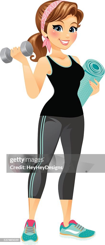 Fitness Girl Holding Yoga Mat and Weight