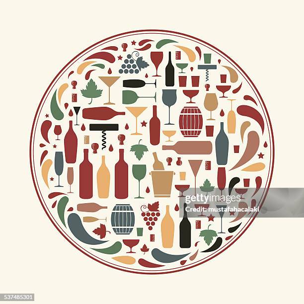 wine icons as circle shape - grape leaf stock illustrations