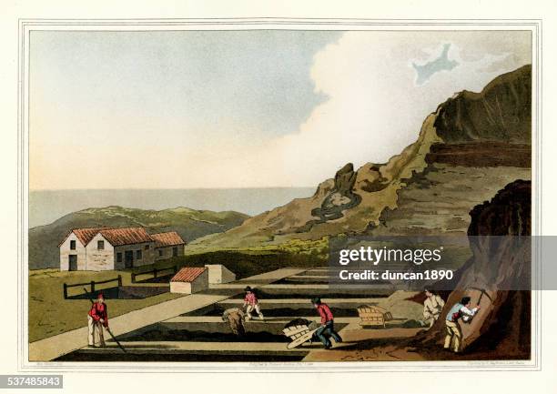 costumes of yorkshire - alum mine - miner stock illustrations