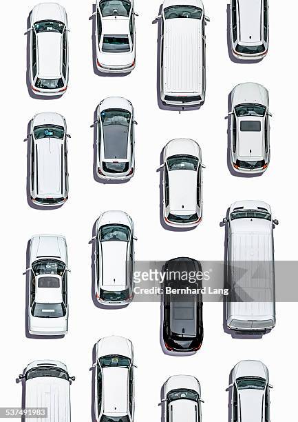 cars on white subsurface, aerial view - overhead view stock-fotos und bilder