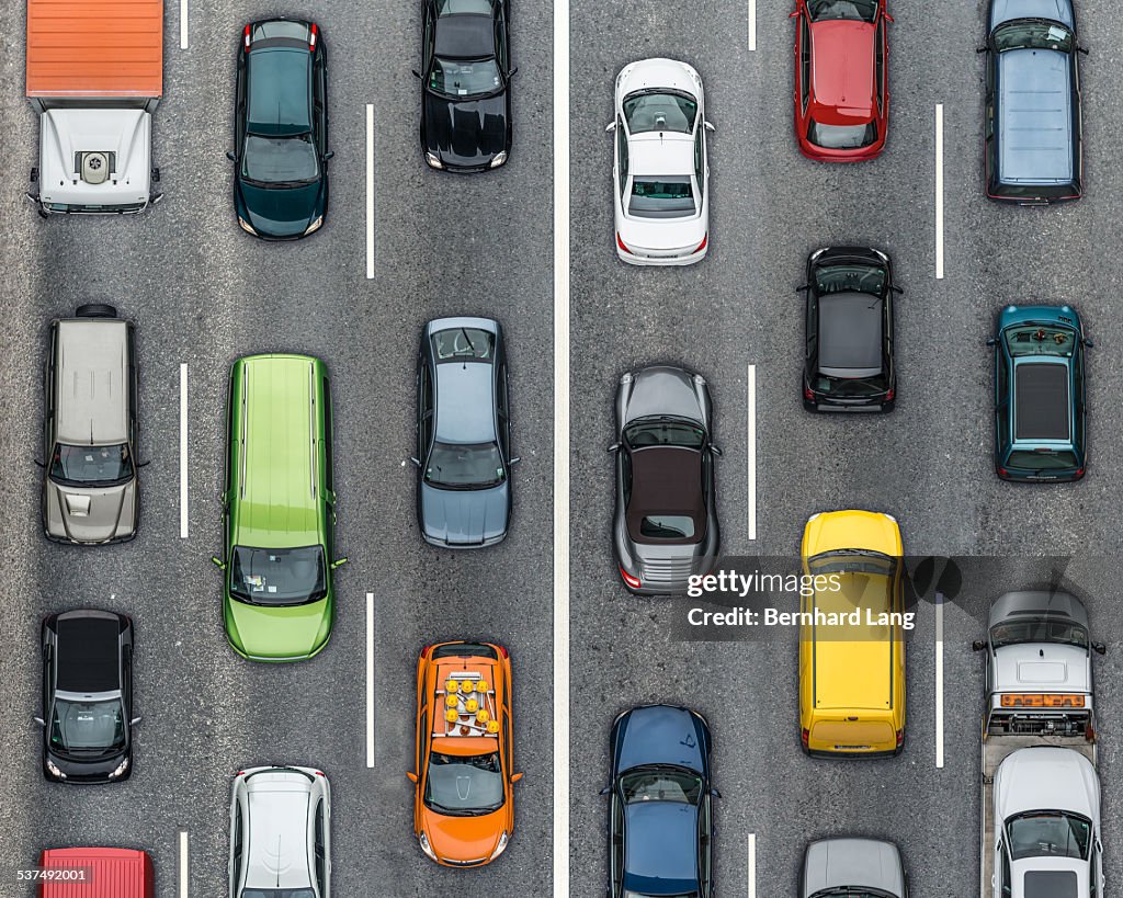 Colored cars on traffic lanes, Aerial View