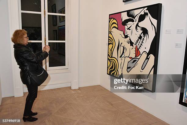 General view of atmosphere with work of street artist Dface during the Street Art Exhibition Preview in Galerie Laurent Strouk as part of "Nocturne...