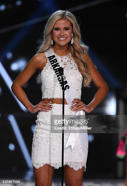 Miss Arkansas USA Abby Floyd is introduced during the 2016 Miss USA pageant preliminary competition at T-Mobile Arena on June 1, 2016 in Las Vegas,...