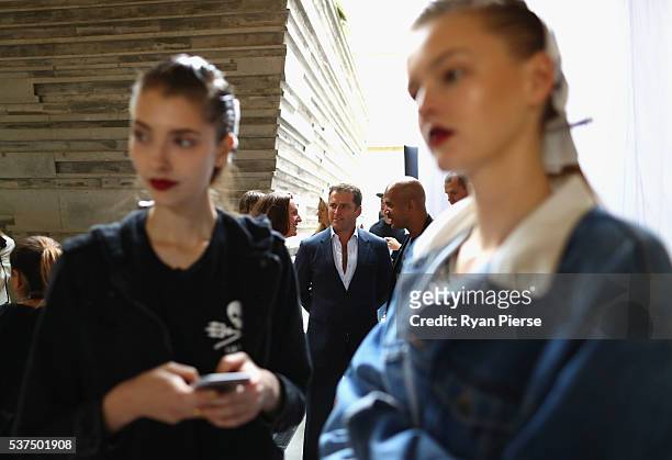 Presenter Karl Stefanovic with Cassandra Thorburn, look on backstage during the Kitz show during Mercedes-Benz Fashion Week Australia at Paddington...
