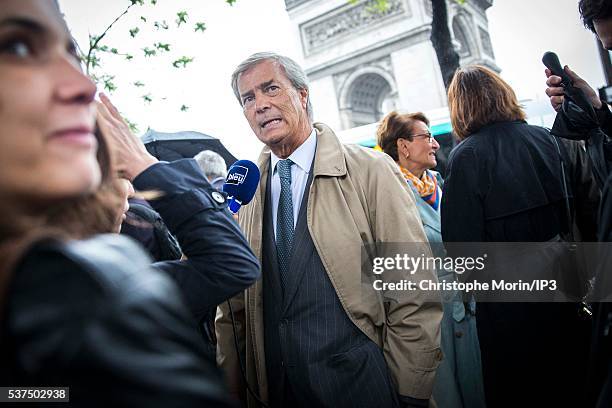Vincent Bollore, CEO of Bollore, the transport and international logistics group, talks to the press during the RATP inauguration of the first 100%...