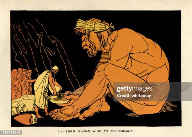 ulysses giving wine to polyphemus - greek mythology stock illustrations