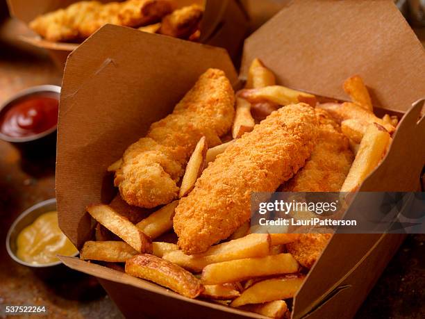 chicken strips with french fries - deep fried stock pictures, royalty-free photos & images