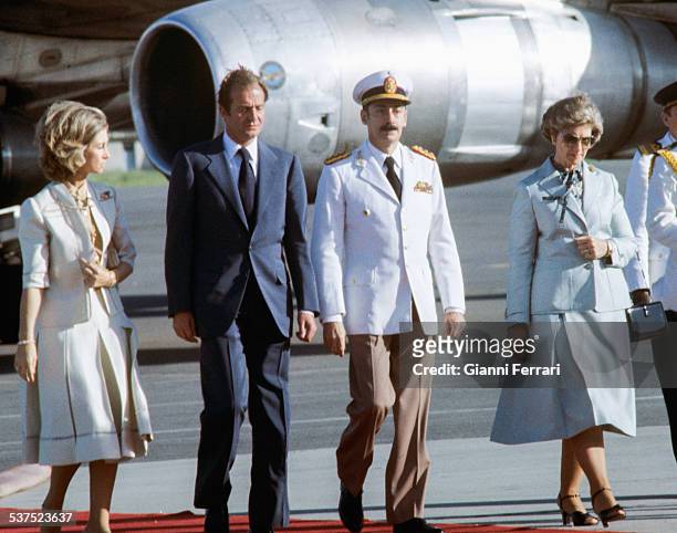 Arrival of the Spanish Kings of Spain Juan Carlos of Borbon and Sofia of Greece to Buenos Aires, received by the Argentine President Jorge Rafael...