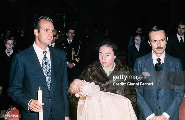 Christening of Alfonso, son of the Princess Margarita of Borbon and Carlos Ziurita, with Spanish Prince Juan Carlos of Borbon as godfather Madrid,...