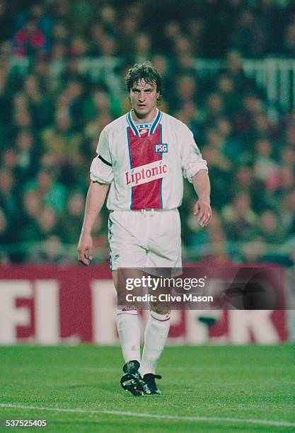 French footballer David Ginola of Paris Saint Germain, during a match against Barcelona, 1st March 1995.