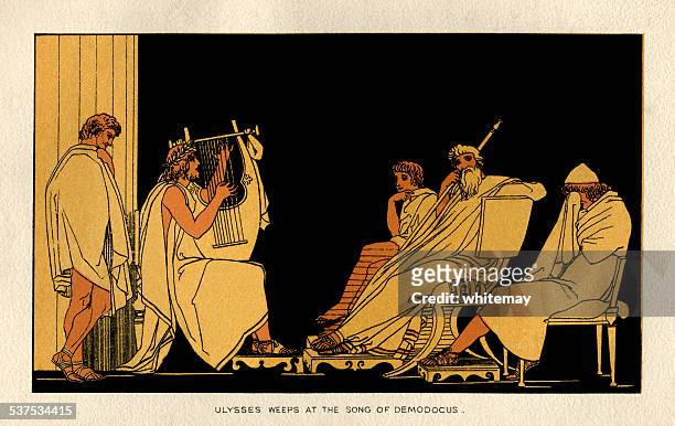 ulysses weeps at the song of demodocus - ancient greece stock illustrations