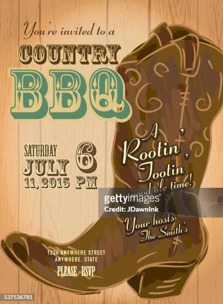 stockillustraties, clipart, cartoons en iconen met country and western bbq with cowboy boot invitation design template - countrymuziek