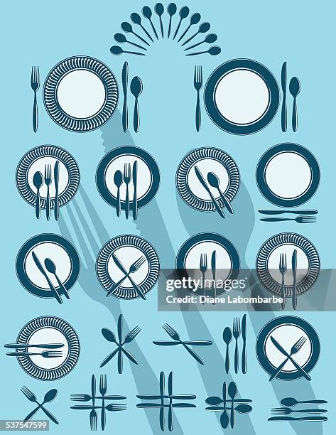 place setting with knife, for and spoon kitchen icon set - serving fork isolated stock illustrations