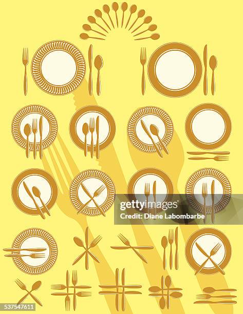 place setting with knife, for and spoon kitchen icon set - serving fork isolated stock illustrations